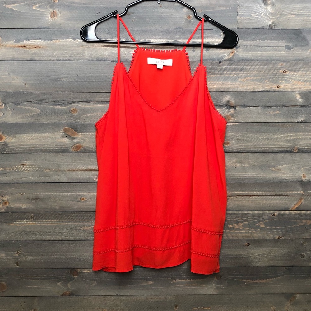 LOFT Red Spaghetti Strap Beaded Trim Tank Top